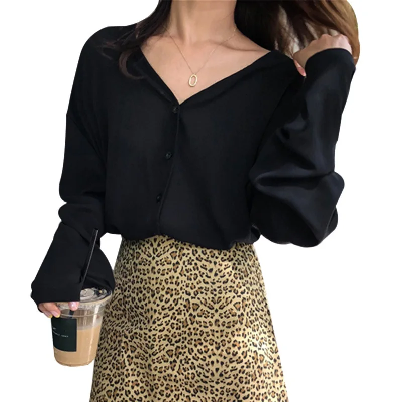 Шифоновая женская блузка с длинным рукавом и v-образным вырезом, женские топы, женские блузки на весну и осень, рубашки - Цвет: Черный