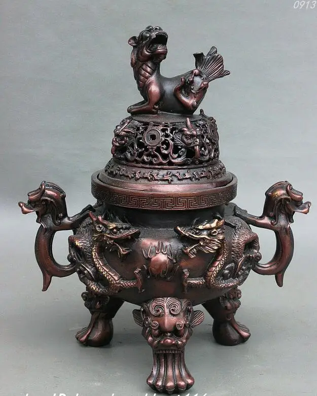 12" Chinese Royal Pure Red Bronze Dragon Lion Beast Incense Burner