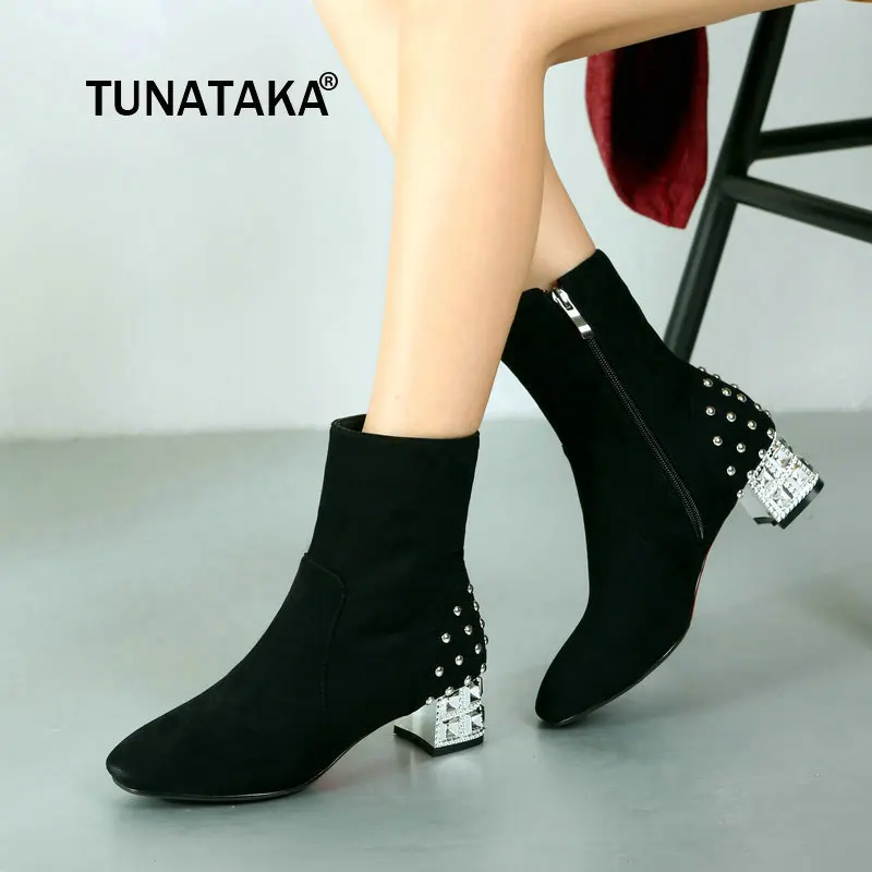 

Winter Flock Side Zipper Comfortable Low Heel Ankle Boots Fashion Rivet Square Toe Women Shoes Red Black Brown
