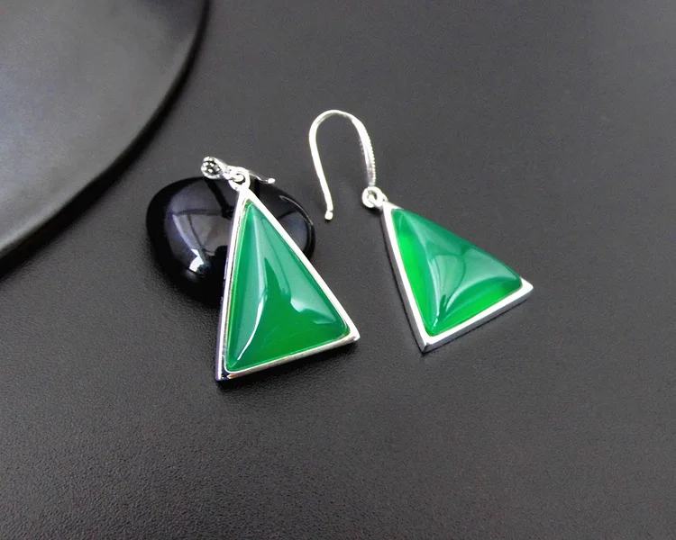 green chalcedony FNJ 925 серебряные серьги треугольные для женщин ювелирные изделия желтый зеленый красный камень S925 серебро букле d'oreille висячие серьги - Окраска металла: green chalcedony