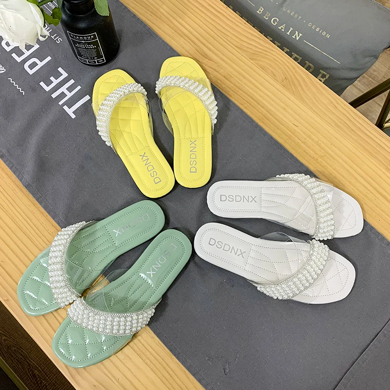 

Fashion White Pearl Women's Slippers Flat Square Shoes 2019 New Arrivals Summer Female Slippers Low Heels Casual Shoes Woman