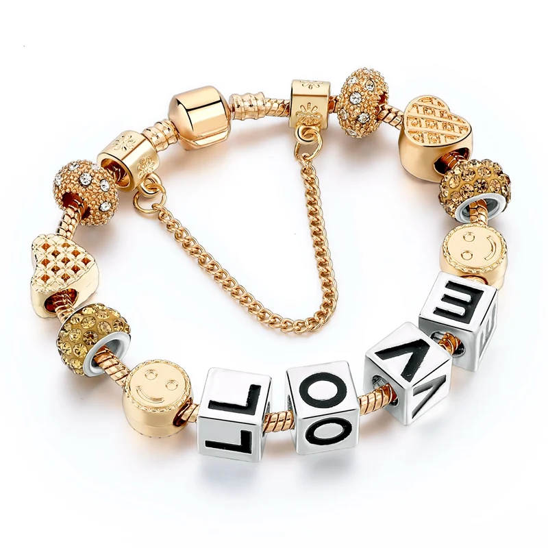 

New LOVE Letters Beads Bracelets & Bangles Gold Crystal Heart Charm Bracelets For Women Pulseria DIY Jewelry SBR170010