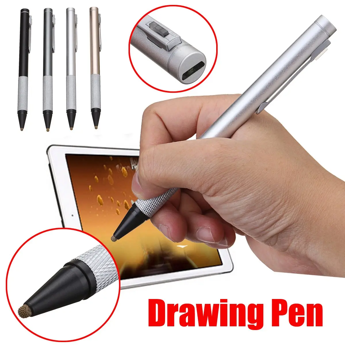 

4 Colors Rechargeable 1.9mm Capacitive Active Touch Stylus Drawing Pen + Pen Tip For iPad-Tablet