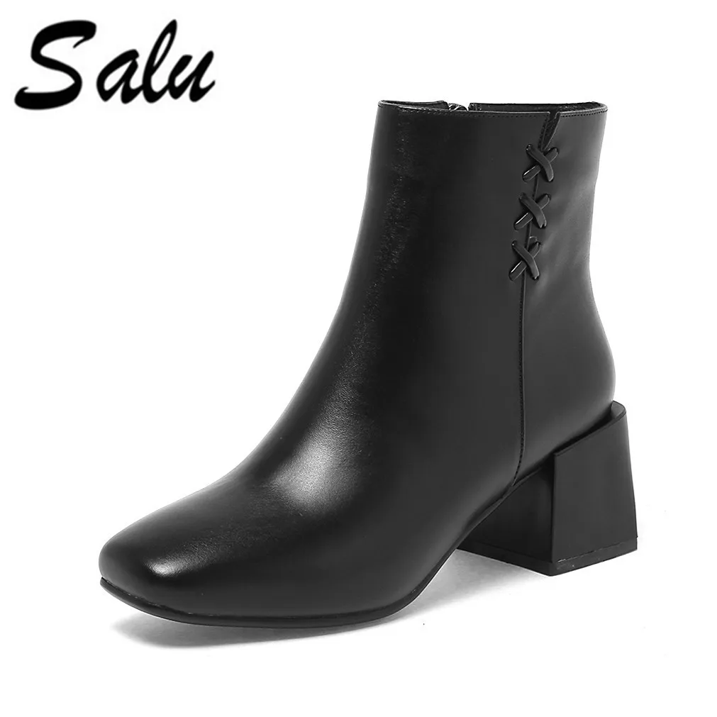 

Salu Women Genuine Leather Boots Ankle Boots Fashion square Heels Ladies Booties Spring Ladies Shoes