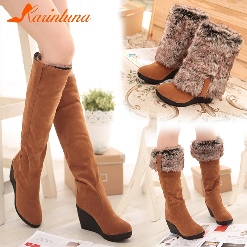 

KARINLUNA 2019 Winter Big Size 34-43 NEW Wedges High Boots Women Warm boots Black 3 Ways Wear Suede Knee-high Women Snow Boots
