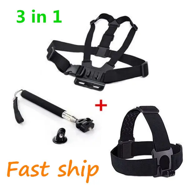 3 in 1 Kit Adjustable Head Strap+ Chest Mount +Monopod with Adapter for Go Pro 2 3+ 4 5 6 7 Cameras | Электроника