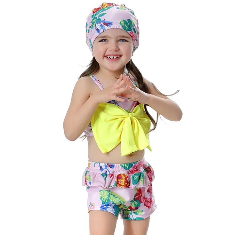 С цветочным принтом и бантом для маленьких девочек сладкий Купальники для малышек летняя пляжная одежда для малышей Купальники для малышек из двух предметов одежда для купания с Hat