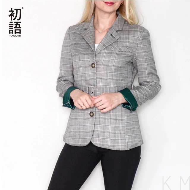 Toyouth Plaid Formal Wearwork Jacket Women British Style Chic Ladies Blazer Belted Office Button Vuntage Female Coat Tops