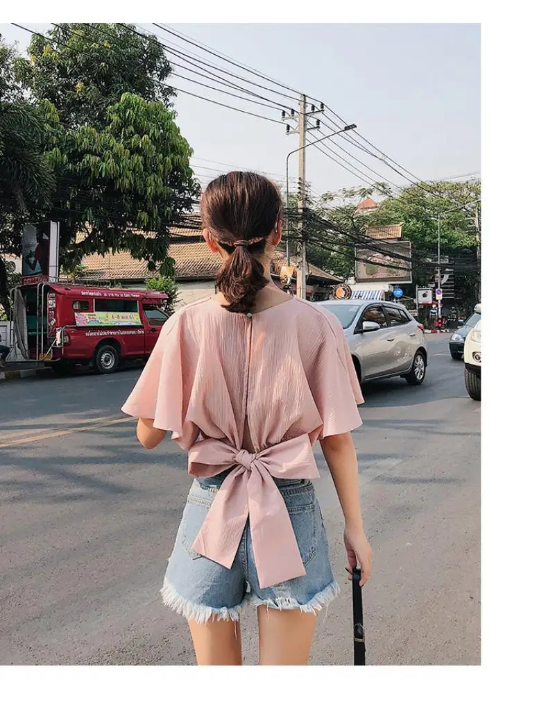 2018 summer women short flare sleeve short top sexy wrap v neck blouse female vacation lace up bow tie crop shirt top