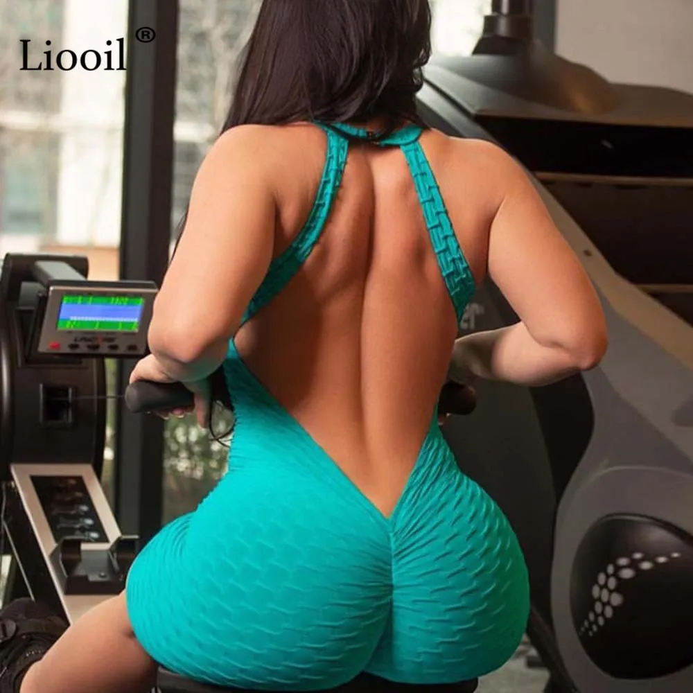 Liooil сексуальные комбинезоны с открытой спиной неоновый зеленый женский комбинезон черный спортивный костюм с v-образным вырезом Вечерние Комбинезоны женские Комбинезоны