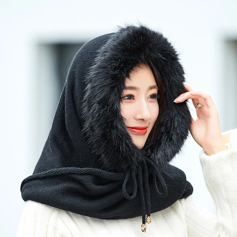 Winter Warm Women  Knitted Hat Scarf Set Outdoor Sport Plus Plush Female Beanies Caps Hooded Scarves caps for girls Skullies