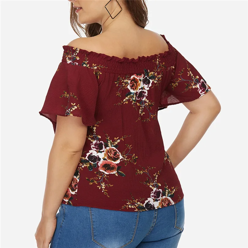 New Fashion Women Summer Casual Daily Plus Size Slash Neck Off Shoulder Floral Print Tassel Ribbons Top #4F05 (5)