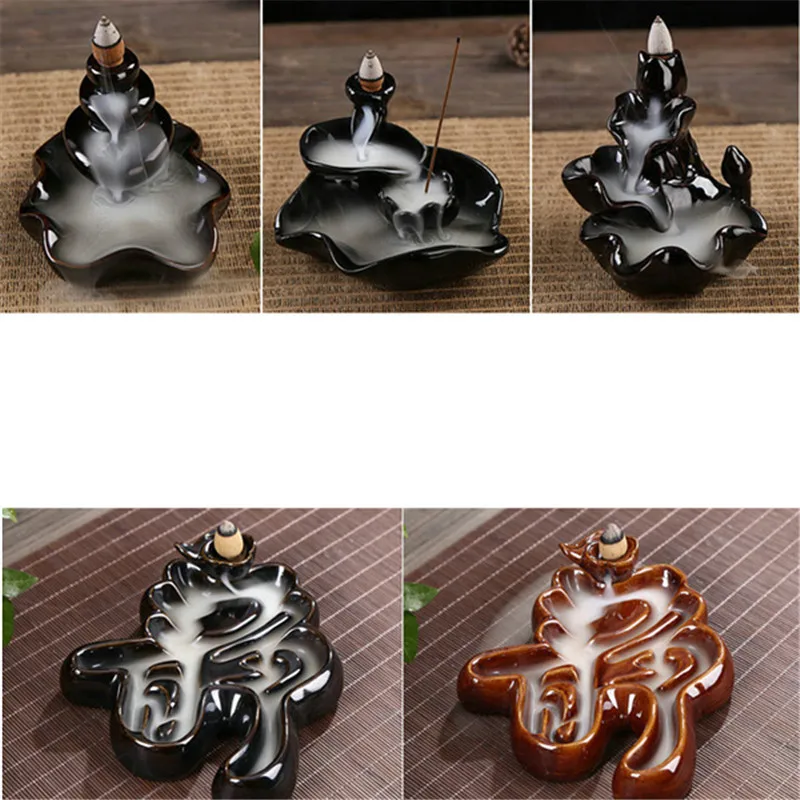 Black Porcelain Backflow Ceramic Cone Incense Burner Holder Buddhist Cones Home