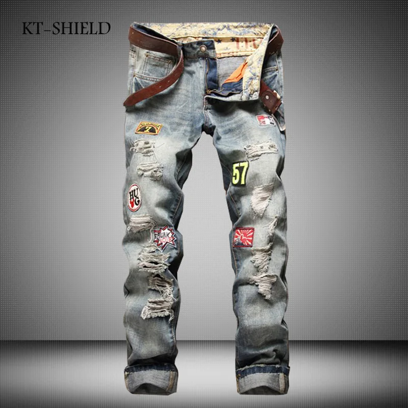 plus size ripped distressed cargo jeans mens fashion printed denim ...