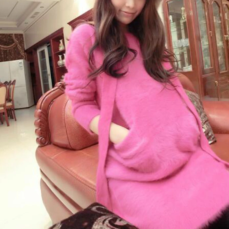 

2019 New Real Mink Cashmere Pullovers Sweater Women Coat Belt and Pockets Natural Mink Cashmere Dress wsr572