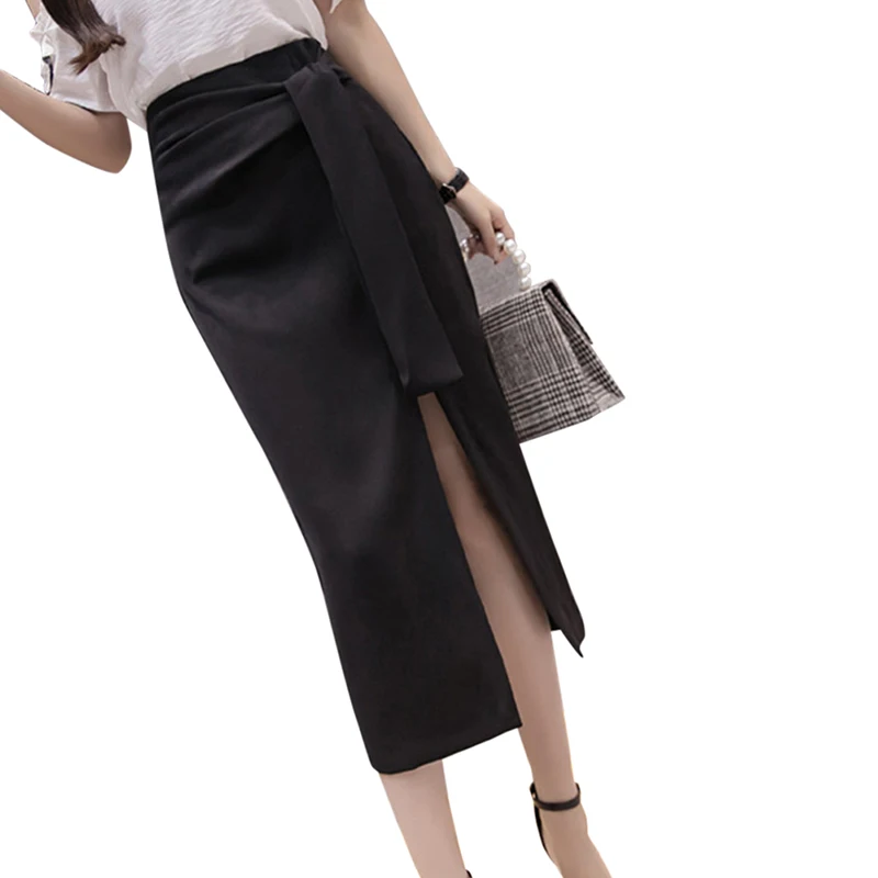 Летние ремни с разрезом длинная юбка Faldas mujer moda необычная OL сумка бедра юбка простая дикая юбка - Цвет: Черный