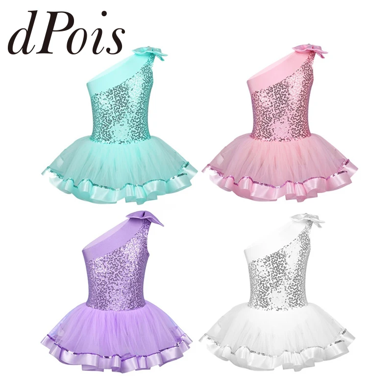 dPois Kids Girls Shiny Metallic One Shoulder Ballet Dance Leotard Tutu Dress Stage Performance Dancing Costumes dPois Kids Girls Shiny Metallic One Shoulder Ballet Dance Leotard Tutu Dress Stage Performance Dancing Costumes