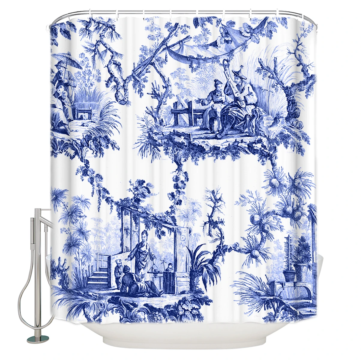 Warmtour Shower Curtains Blue Chinoiserie Toile Extra Long Fabric Bath