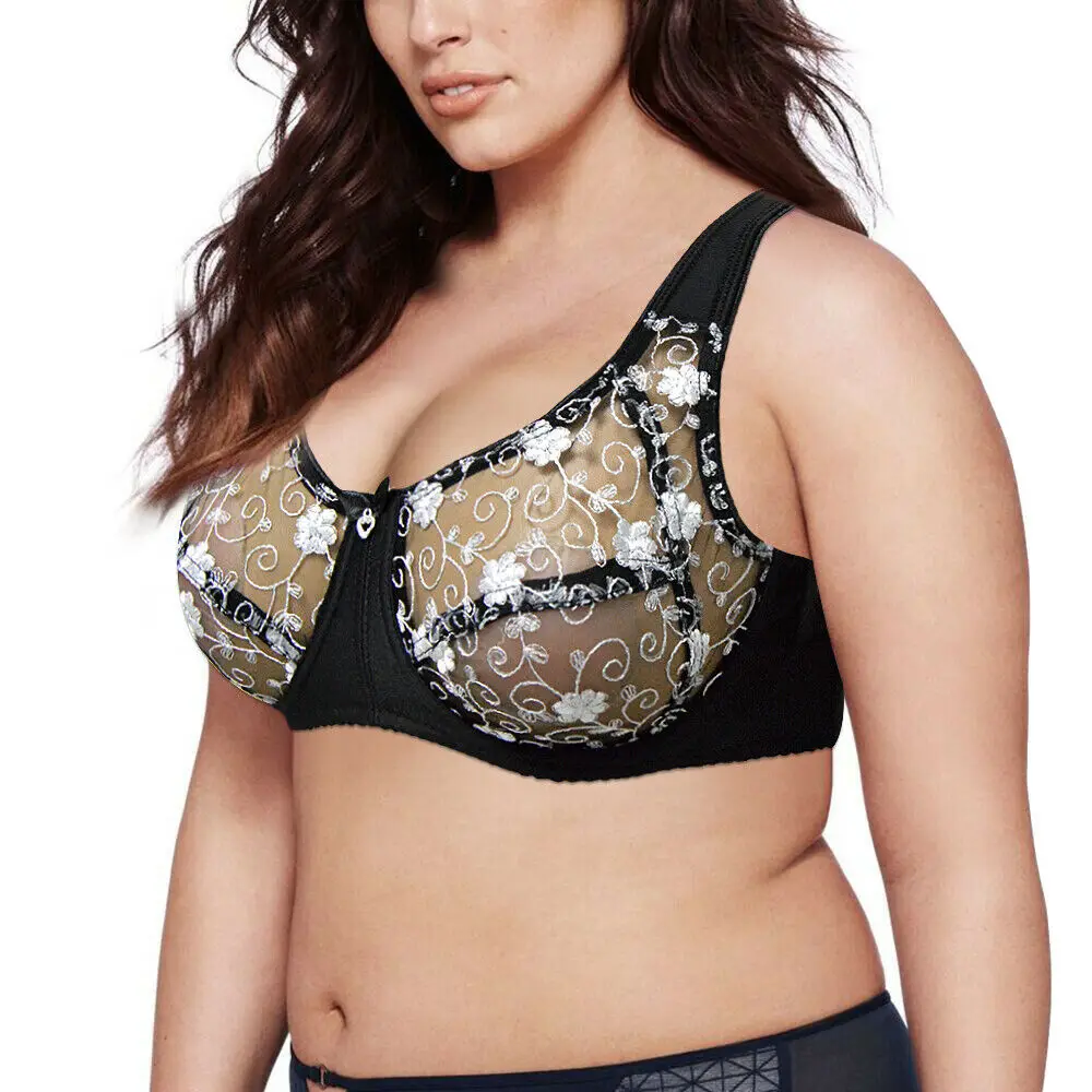 

Hot Selling Bras For Women Sexy Transparent Mesh Lingerie Embroidery Bra Floral Lace Bralette 36 38 40 42 44 C D DD E F