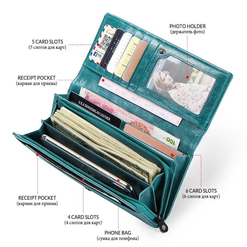 Contact's Brand Design Coin Purse Genuine Leather Women Wallets Female Card Holder Long Lady Clutch Wallet With Phone Pockets