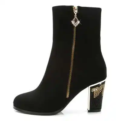 

New Arrival Fashion Winter High-Heeled Chunky Heels Mid-Calf Water Drilling Zippers Round Toe Martin Botas Women Boots H6490