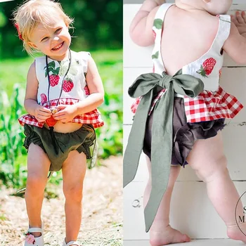 

2019 Summer baby girl clothing set StrawberryOpen back Tops+Short Bloomers baby girl clothes Newborn Outfits