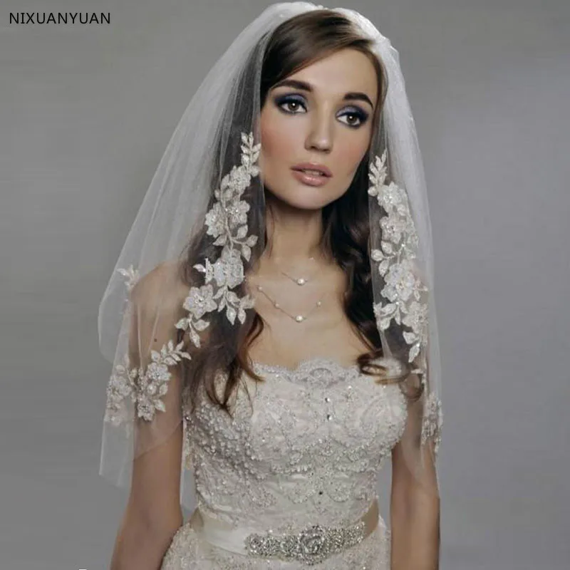 

Reals Elbow Length Short Veil Two Layers Appliques White/Ivory Wedding Veil with Pearls Beading Bridal Veil