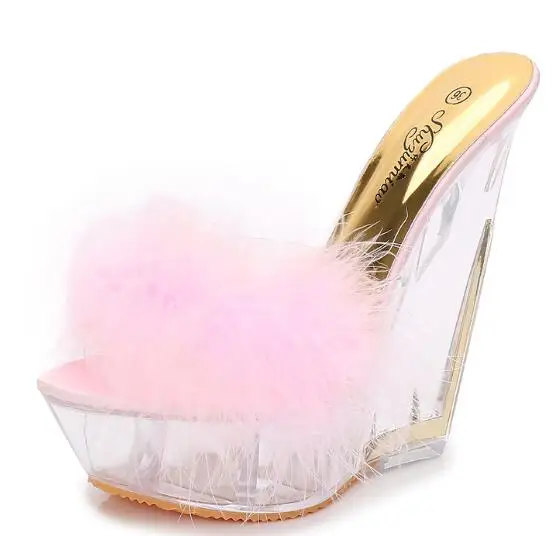 Женские шлепанцы на очень высоком каблуке 14 см с толстой подошвой прозрачная обувь с кристаллами особой формы платформа каблук - Цвет: Пурпурный