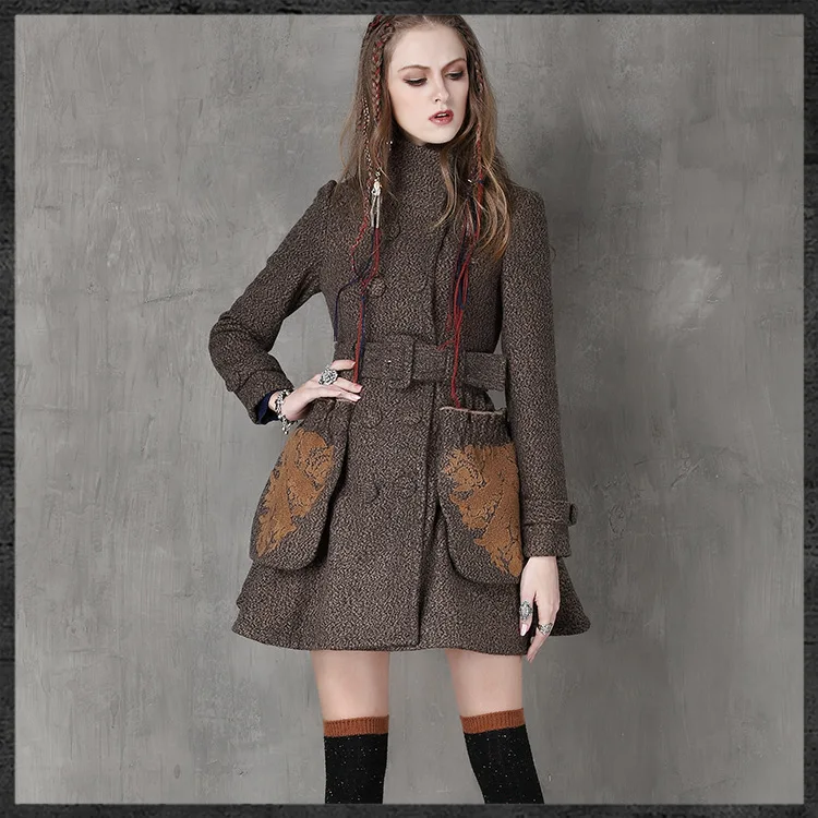 Femmes Mujer Abrigo Jaquetas Vintage Broderie Marque Col Manteau Hiver Picture As Ceinture Militaire De 2017 Laine Nouveau Veste Rétro w6fExOq