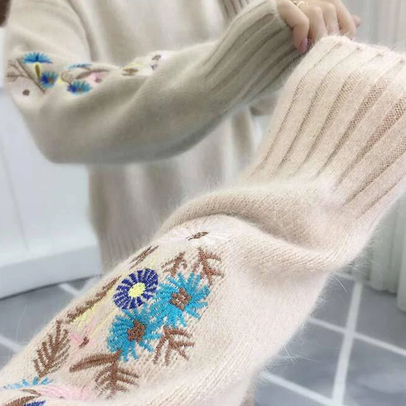 Cena Surmiitro Cashmere kobiety golfem 2019 jesień zima dzianiny haft Jumper kobiety swetry i swetry kobiet Pull Femme