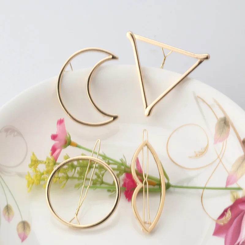 Women Girls Fashion Hairpins Hollow Circle Lip Moon Triangle Hair Clip Barrette Wedding Party Hair Accessories Tiara Gold Plated