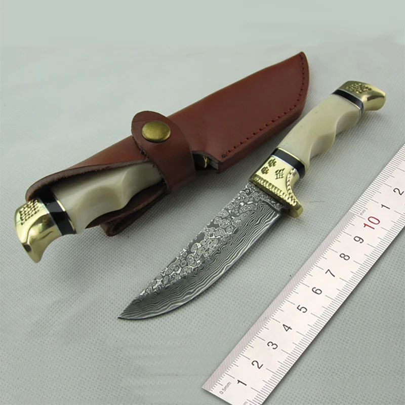 

Free shipping Handmade Damascus steel Hunting Knife Camping Survival Knife Fixed Blade Tactical Knife The bone handle