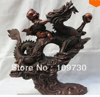 

00766 13" Lucky China Chinese Fengshui Bronze Zodiac Fu Kid Ride Dragon To Sky Statue