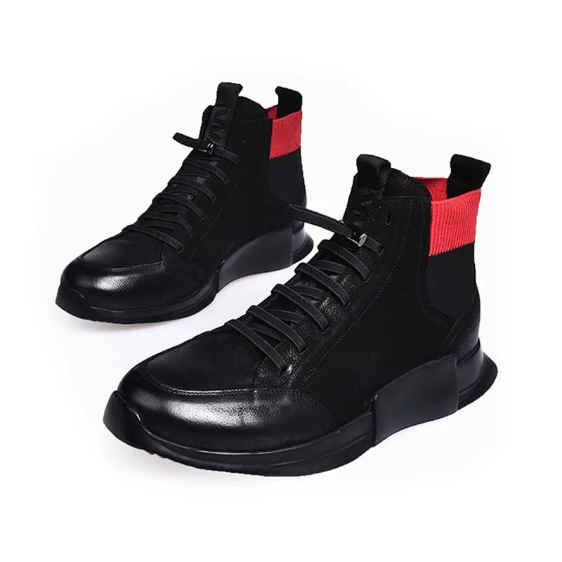 Inverno Lining fleece Homens Top Homem Alta De Forro Sapatos Calçados Martin Plataforma Couro Genuíno Ankle Lã Casuais Lace Normal Boots Grosso Dos Patchwork Up BxgET