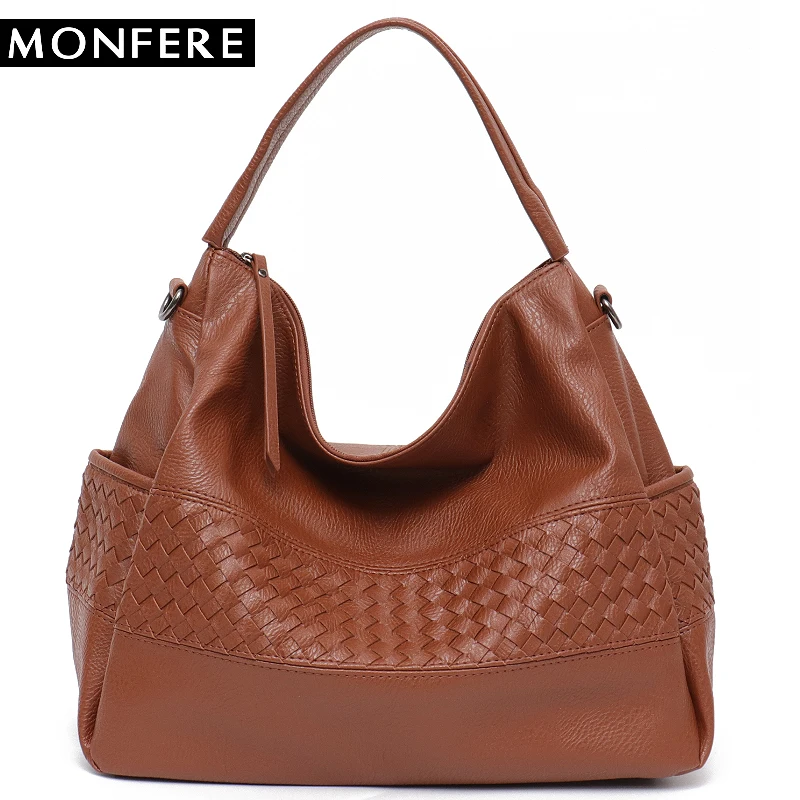 

MONFERE Large Fashion Brand Women Shoulder Bags Handmade Woven Side Pocket Hobo Soft Casual Messenger Bag Pu Leather Handbag