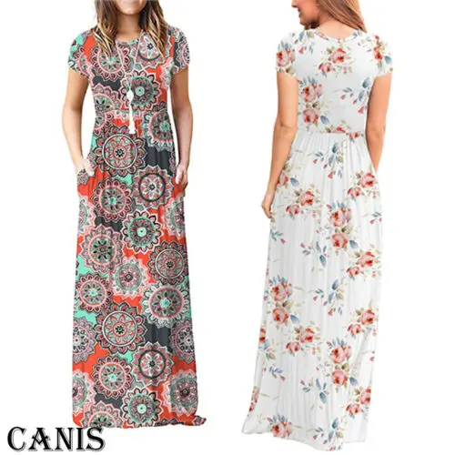 BOHO Для женщин Повседневное дамы цветочные Gypsy круглым вырезом короткий рукав
