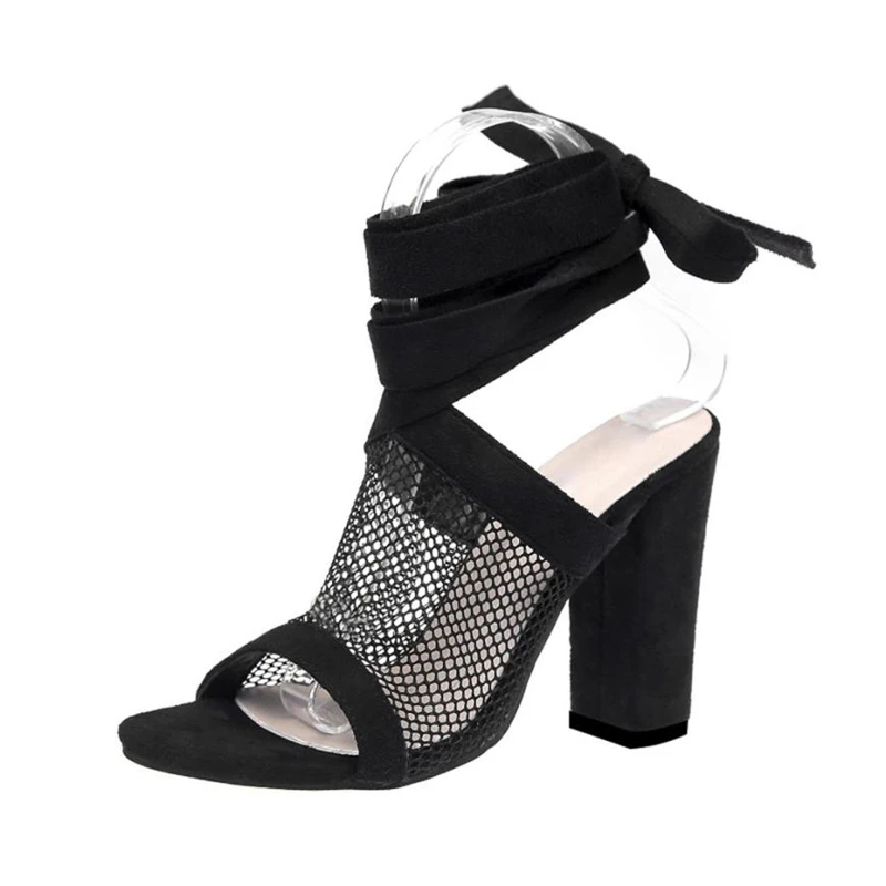 

Women Ladies Tie Lace Up Sandals Ankle Mesh High Heels Block Party Shoes high heels woman of 2018 Latest models sandalsA0503#30