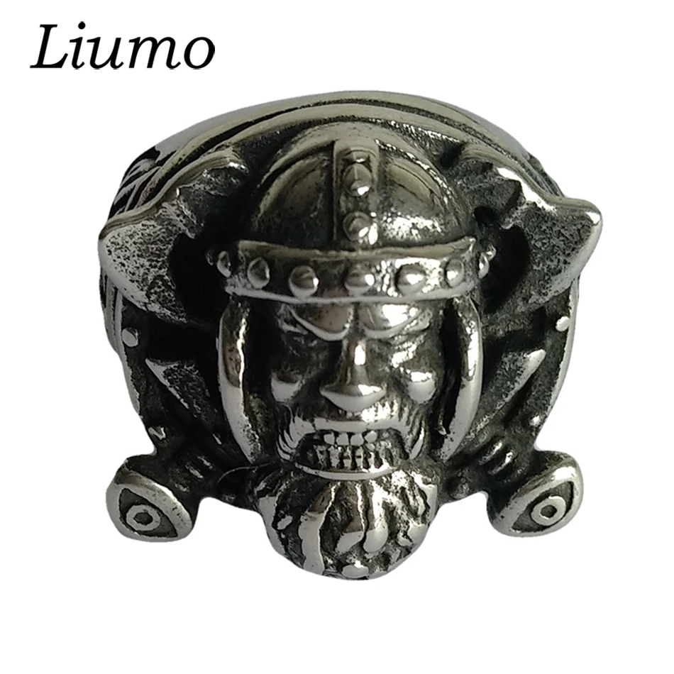 

Liumo Fashion Punk Style Vintage Viking Old Man Axe Armor Soldier 316L Stainless Steel Men Biker Ring Lr972