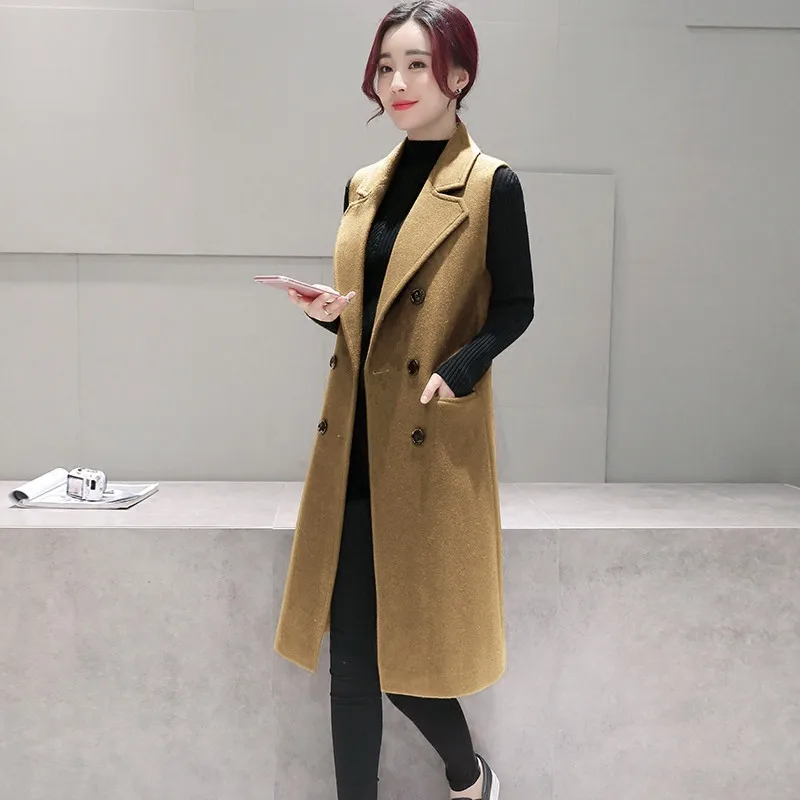 

Woolen Vest Jacket Female Medium Long Large Size 2018 Autumn Winter New Solid Color Double Breasted Sleeve Wool Coat LQ321