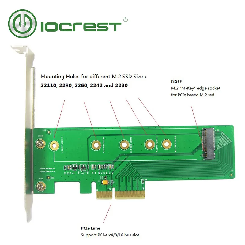 

IOCREST M.2 ngff M key NVMe to PCI-e 3.0 x4 adapter pci express adapter for 22110 2280 2260 2242 2230 ssd dual voltage power