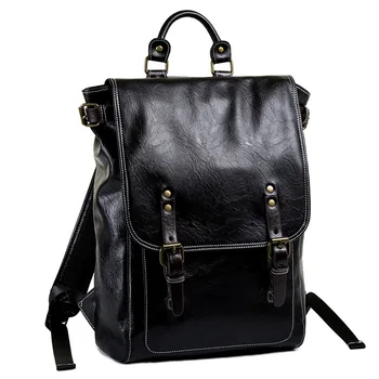 

LAOKSI Men Brand Leather Man Backpack With Buckle Belt Daypack Bag Front Pocket Travel Bag Casual School Laptop Backpack