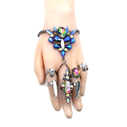 Модный женский браслет, соединенный с кольцом на пальце, браслеты, богемский Цыганский пляж, Очаровательная ручка, драгоценный камень, макси кристалл, ручная цепочка, браслет, браслет - Окраска металла: blue set