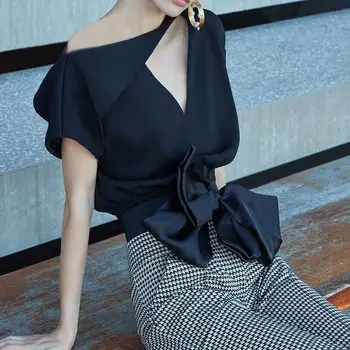 

HAMALIEL Runway Designer Women Skirts Suit Summer Sexy Black Bowknot Holllow Out Shirt Tops + Plaid Bodycon Pencil Skirts Set