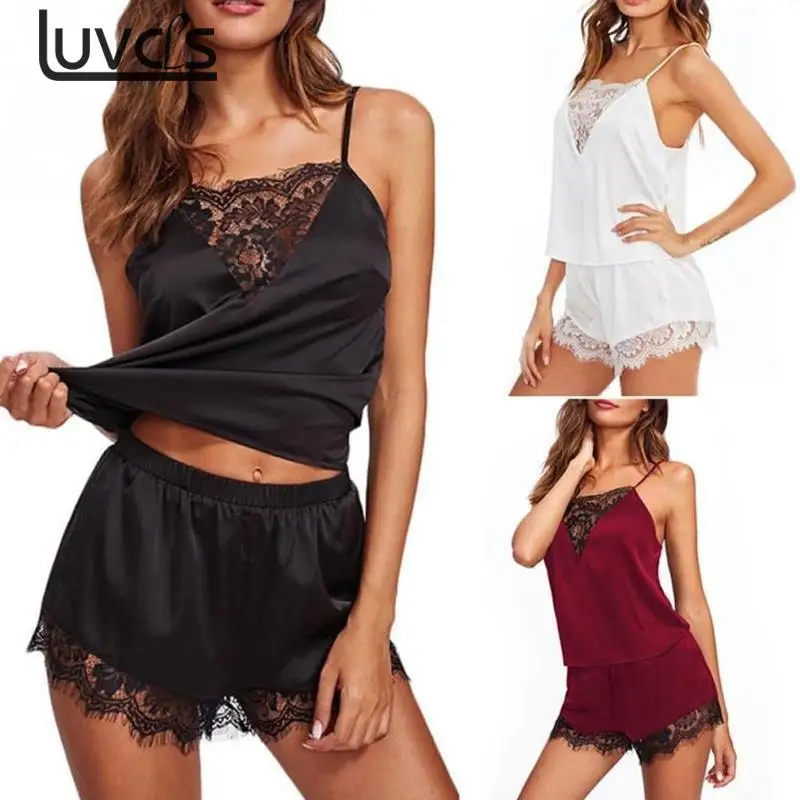 

Women Sleepwear Sleeveless Sling Lingerie Women Strap Nightwear Lace Sleepwear Trim Satin Cami Top Sets Camis Nightdress