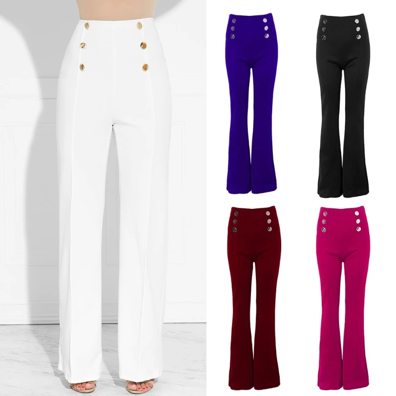 Women's Bell bottom Trousers Front Buttons Slim Fit Flared Hem Wide Leg