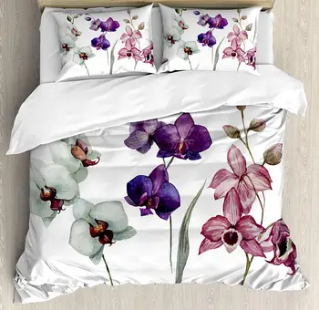 

Watercolor Flower Duvet Cover Set Different Kind of Orchid Flower on Clear Background Exotic Blossoms Art 3pcs Bedding Set