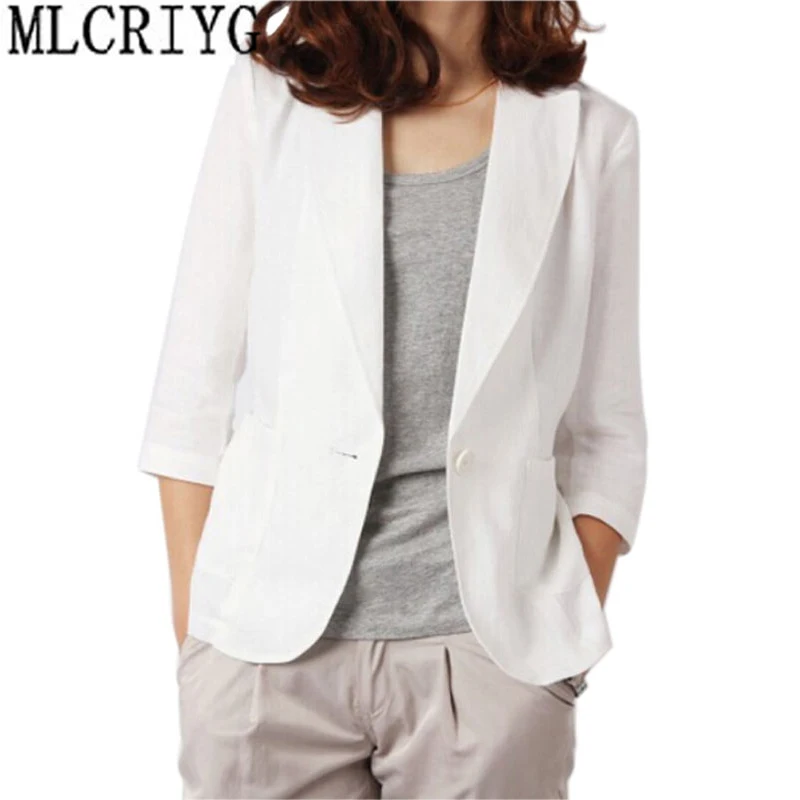 

Summer Women Slim Linen Blazer Coat 2019 Plus Size 3XL Casual Short Jacket Tops One Button Suit Lady Blazers Work Wear LX139