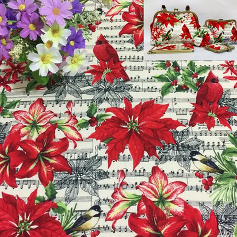 Рождество Красный Цветок Птица Музыка Примечание напечатаны хлопок ткань 50x105 см музыкальные ноты ткань для пэчворка Детские вечерние платья