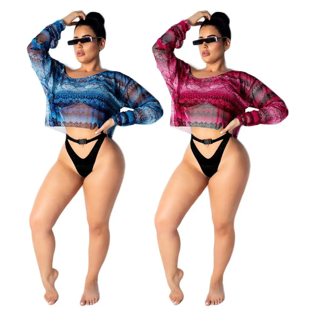 

Women's Crop Top Snake Mesh Printed Female T-Shirt Summer Casual Lumbar Belly Semi-Transparent Nightclub Beach Shirt Long Sleeve