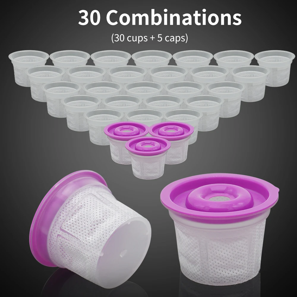 30 Cups 5 Reusable Lids Disposable K Cups Coffee Filters Cups Non woven
